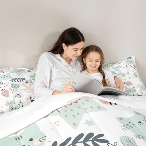 Image of Feelyou Cartoon Rainbow Kitten Print Comforter Set - Toddler Size, Kawaii Pet Cats and Flowers Duvet Set