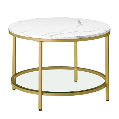 VASAGLE Mesa de Centro, Mesa de Salón, Mesa de Sofá de Mármol de Imitación Redonda, Estante de Vidrio Templado, Montaje Fácil, Estilo Moderno, Salón, Blanco Mármol y Dorado Claro LCT072W59