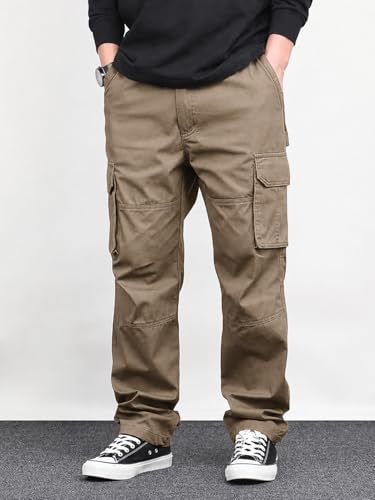 Image of Men's Cotton Cargo Pants for Men | Relaxed Loose Fit Drawstring Waist Cargo Trousers | Multi Pocket Casual Utility Pants for Outdoor, Travel