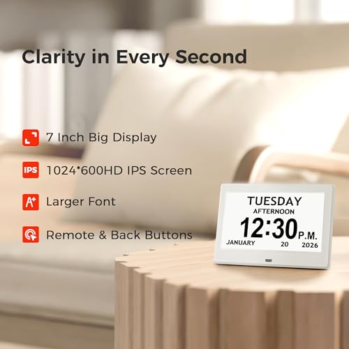 Image of 7'' Digital Clock, Dementia Clock With Date And Time, 10 Reminders, 6 Alarms, Auto-Dimming, Auto DST, Remote Control, Large Display Alarm Clock For Seniors, Gifts For People With Dementia, White