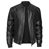 Kassercny Mens Faux Leather Bomber Jacket Varsity Casual Ribbed Stand Collar Zip Jacket Lightweight Vintage Trendy Coat Black 6X-Large