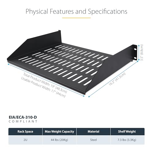 Image of StarTech 2U Vented Server Rack Shelf, 16in, 44lb (CABSHELFV2U-16-RACK)