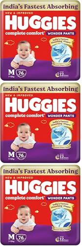 Image of Huggies Complete Comfort Wonder Pants | Pant Style Baby Diapers Medium Size (M), 76 Count | India's Fastest Absorbing Diaper, Prevents Diaper Rash, Ideal for 7 to 12 Kgs (Pack of 3)