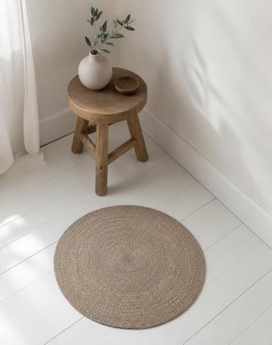 Image of Handmade Cotton Braided 2x2 feet Doormat Rug - Washable, Low Pile Reversible Floor Mat for Bedroom, Kitchen, Entryway & Living Room - Eco-Friendly Woven Carpet - (Beige Mix, Round)