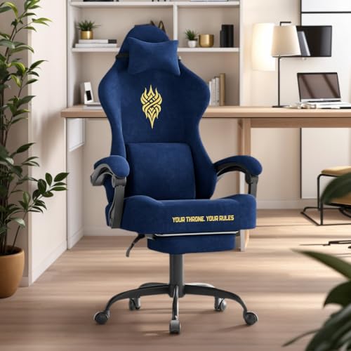 Image of Soontrans Blue Velvet Fabric Gaming Chair with Footrest, Ergonomic Comfortable Video Gamer Chair for Adult, Reclining Office Computer Desk Game Chairs with Massage Lumbar Cushion,Headrest