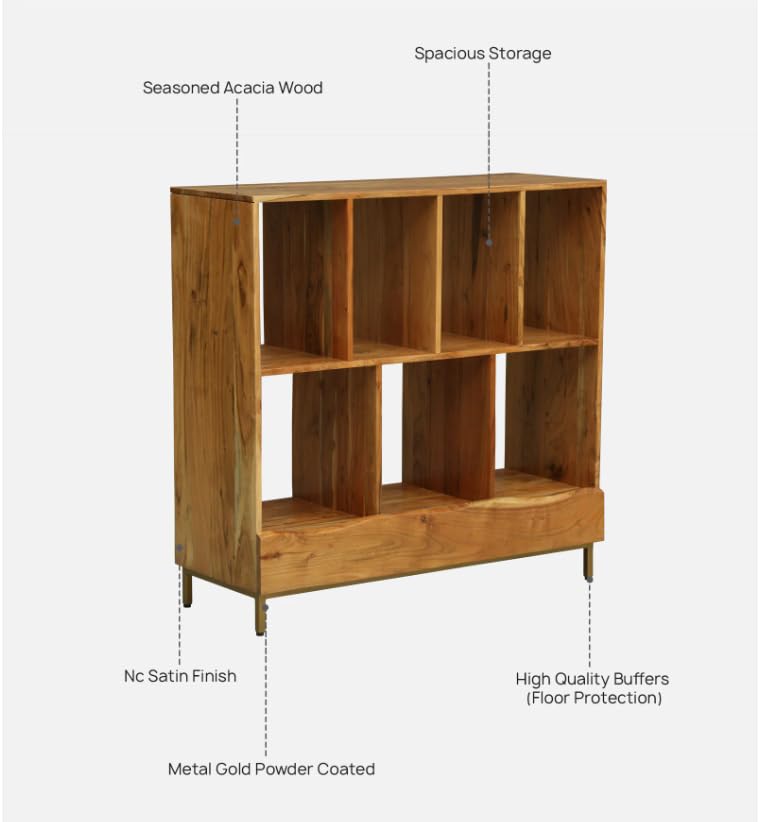 Image of Boston Modern Bookshelf Storage for Living Room & Study | Acacia Wood, Natural Finish | Wooden Book Shelf with Doors & Open Display Racks | Modular Storage Unit for Home Office