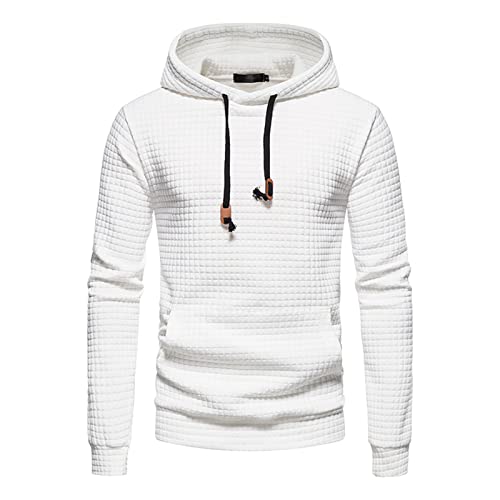 Maiyifu-GJ Men Plaid Jacquard Pullover Hoodies Hipster Lightweight Hooded Sweatshirts Long Sleeve Drawstring Hoodie Outwear (White,Large)