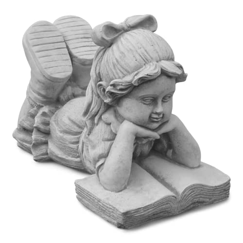 gartendekoparadies.de Liegendes Mädchen mit Buch, Steinfigur H. 22 cm, 8 kg, Grau, frostsicher aus Steinguss für Außenbereich