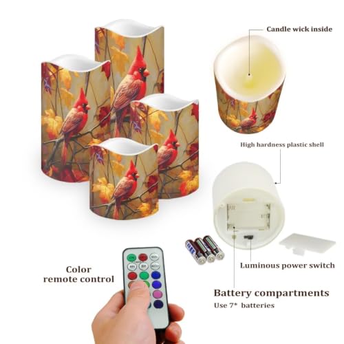 Image of Autumn Cardinal Color Changing Flameless LED Candles Set of 4 | Fall Maple, Battery Operated Fake Candles with Remote Control, Flickering Flame Home Holiday Party Centerpiece Decor