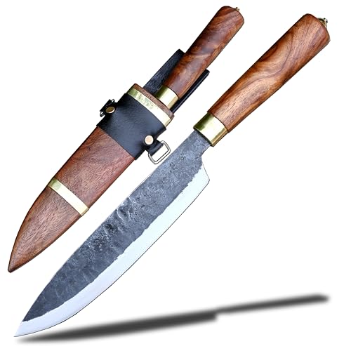 THE NEPAL Hand-Forged 9 inches Long Blade Jungle Chef Knife – 5160 Steel Blade, Rosewood Handle, Tempered & Ready to Use, Includes Wooden Scabbard
