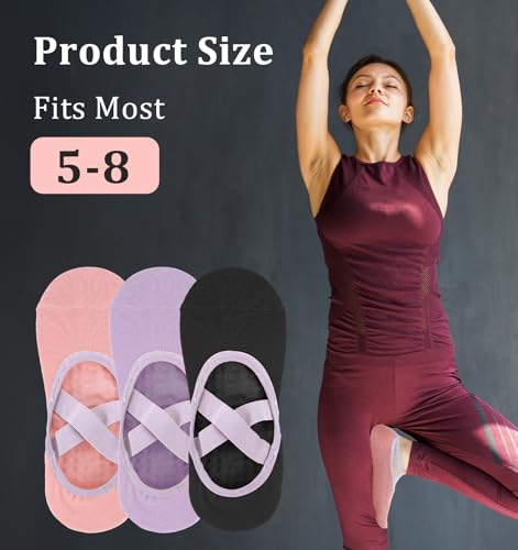 Pilates Shoes for Women, 3 Pairs Pilates Socks Pink Purple Black, Yoga Shoes for Women Non Slip Yoga, Pilate, Ballet, Dance, Sport (Multi-colored)3