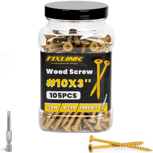 Image of Wood Screws 3 Inch, FIXLINK Deck Screws #10 x 3, 105pcs, Epoxy Coated, T25 Star Bit Above 1500 Hour Salt Spray Coating Outdoor Decking Screws Excellent Rust Resistant for Outdoor Wood Fence