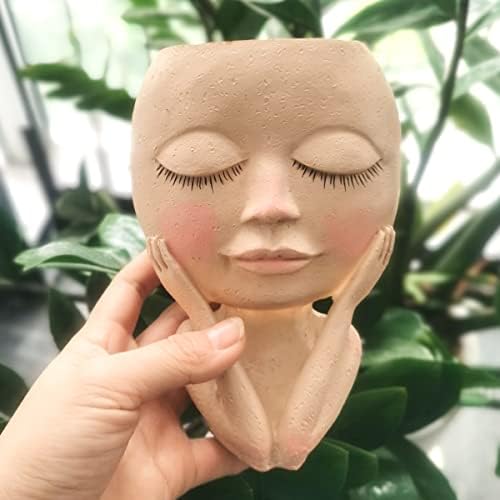 Luyi-Life Head Planter Pot Face Flower Pot Girl Closed Eyes Succulent Planter Cute Resin Cactus Planter with Drainage Hole Indoor Outdoor Planter Pot for Home Office Decoration