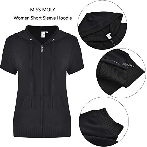 Miss Moly Women Zip Up Hoodie Short Sleeve Hoody Full Zip Sweatshirt Casual Cute Jacket Black S #TOP4