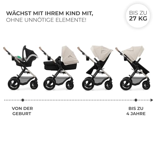 Kinderkraft MOOV2 AIR Kinderwagen 3 in 1 Kinderwagenset bis 22 kg mit Kindersitz I-SIZE 40-75 cm, Buggy Funktion, Liegeposition verstellbar, Große ausziehbare Verdeck, Aufblasbare Räder, Grau