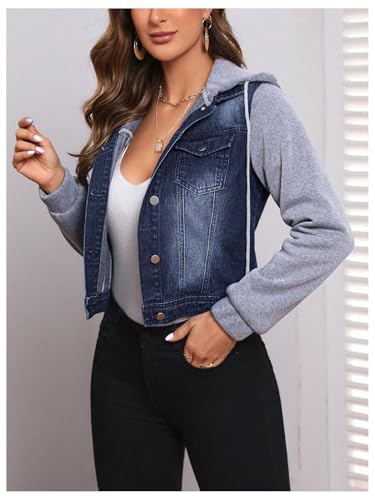 SOLY HUX Women's Hooded Denim Jacket Color Block Button Down Drawstring Long Sleeve Cropped Jean Jackets3