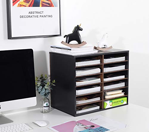 TQVAI Wood Adjustable Literature Organizer Desktop File Sorter Mail Center Paper Storage Cabinet Home & Office Mailbox School Classroom Keepers, 12 Slots Compartments, Retro Grey/White - Thumbnail 3