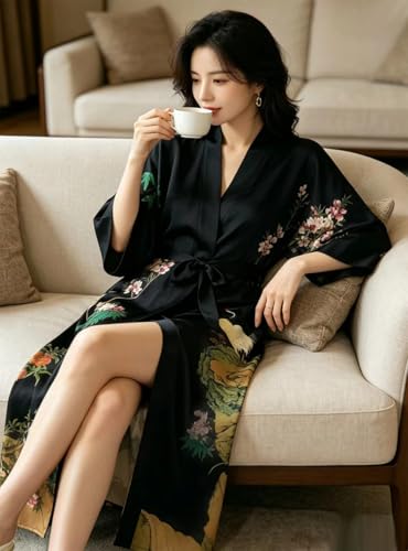 Image of Women's Classic 100% Silk Kimono Robe, Bathrobe-Printed Pattern