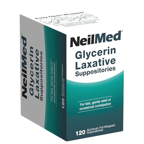 NeilMed Glycerin Laxative Suppositories, Gentle Relief from Constipation, Fast Acting, indivdually Wrapped, 120 ct
