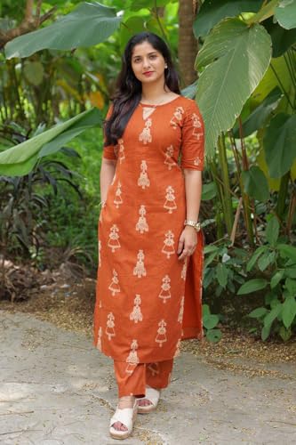 Image of GoSriKi Kurta Set for Women Viscose Printed | Kurti Set for Woman | Kurta Pant Set Women | 2 Piece Set Womens | Round Neck Elbow Length Sleeve Regular Fit Stylish Ethnic Outfit Clothing
