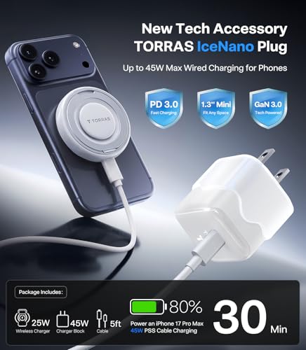 Image of TORRAS Qi2.2 25W Wireless Charger, Magnetic Charger for Phone 17 16 15 14 13, Samsung Galaxy S26 S25, Phone Wireless Charger, Phone Charger Stand with Cable and Plug, White