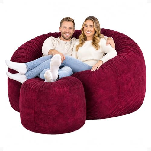 ULTIMATE SACK 6000 6-Foot Bean Bag Chair & Footstool, Burgundy Suede Cover
