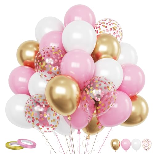 Image of FunHot Pack of 60 Latex Balloons with Gold Confetti for Birthday, Wedding, Baby Shower, Graduation - 12 Inch, Rose Gold and Gold