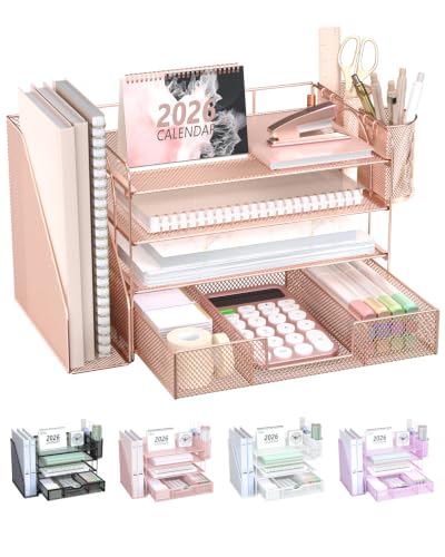 Image of WALI Desk File Organizer, 4 Tier Desktop Paper Letter Tray Organizer with Drawer and 2 Pen Holders, Office Desk Accessories & Workspace Organizers for Office, Home, School Supplies, 1 Pack, Rose Gold