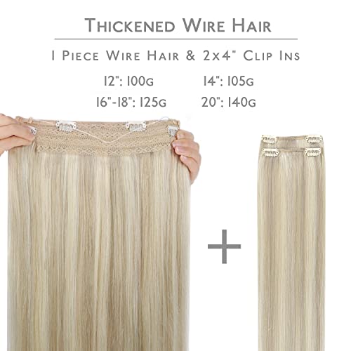 Image of WENNALIFE Wire Hair Extensions Real Human Hair 20 inch 140g Ash Blonde Highlighted Platinum Blonde Remy Real Hair Extensions Invisible Wire Human Hair Straight Reusable Natural Looking Reusable