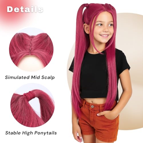 Image of morvally 27.6 Inches Long Red Wig with 2 Ponytails - Anime Cosplay Wigs for Halloween Costume Party (Red, Small Head)