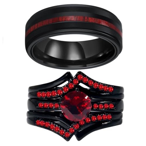 ringheart Couple Rings Black Matching Ring 1CT Red CZ 3pcs Women Wedding Ring Sets for Him and Her Rings Men Band