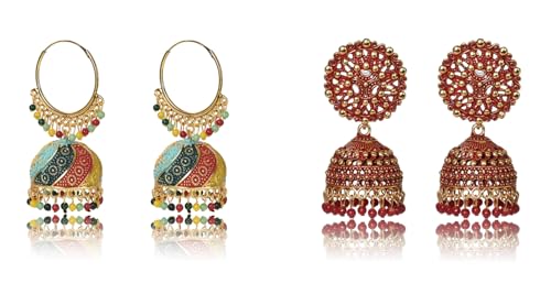 Nilu's Collection Pendientes Jhumka tradicionales multicolor para mujeres y niñas, aretes de aleación étnica india Jhumki (multicolor), Medium, Plata de ley, No es una piedra preciosa