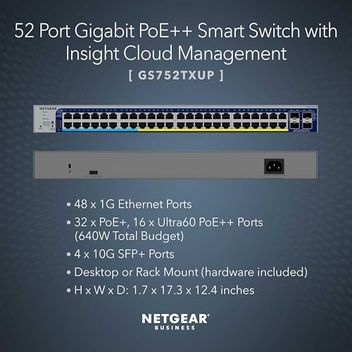 Image of NETGEAR 52-Port Ultra60 PoE Gigabit Ethernet Smart Switch (GS752TXUP)- Managed, with 32 x PoE+ and 16 x PoE++ @ 640W, 4 x 10G SFP+, Optional Insight Cloud Management, Desktop or Rack Mount