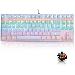 Computador Portatil Con Teclado Iluminado Teclado mecánico, USB con cable blanco, 87 teclas, teclado para juegos con retroiluminación arcoíris con interruptores azules e iluminación de colores mezclados, para PC, computadora portátil, computa