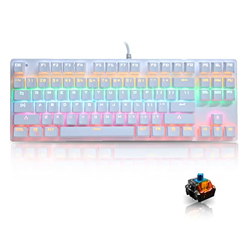 Clavier mécanique, USB Filaire Blanc 87 Touches Clavier de Jeu rétroéclairé Arc-en-Ciel avec commutateurs Bleus et éclairage de Couleurs mélangées, pour PC, Ordinateur Portable, Ordinateur Cover