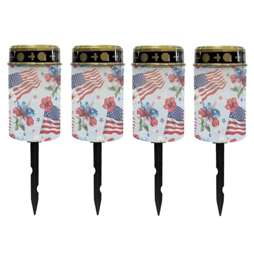 Image of Poceacles American Flag Hibiscus Flower Outdoor Solar Lights Garden Cemetery Flameless Candle America 250th Anniversary Printed Solar Garden Stake Lights for 4th of July Decorations, Pack of 4