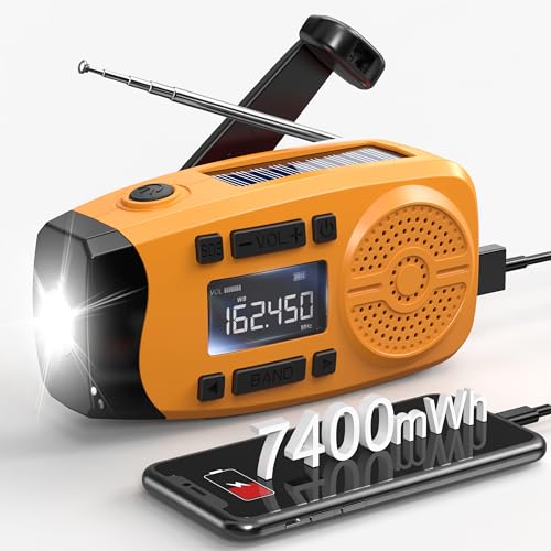 Image of Runningsnail Emergency Weather Radio, 7400mWh Hand Crank Emergency Radio with LCD Display, Support Weather Alert Radio, USB /Solar /Hand Crank,1W Flashlight&SOS Alarm for Outdoor&Home Emergency (Orange)