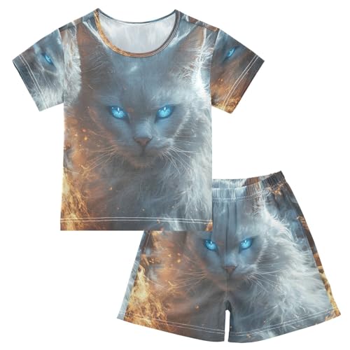 ALAZA Magic Cat Kitten Pajamas Set Short Sleeve Cotton Sleepwear Summer Pjs 2 Piece 5-14Y