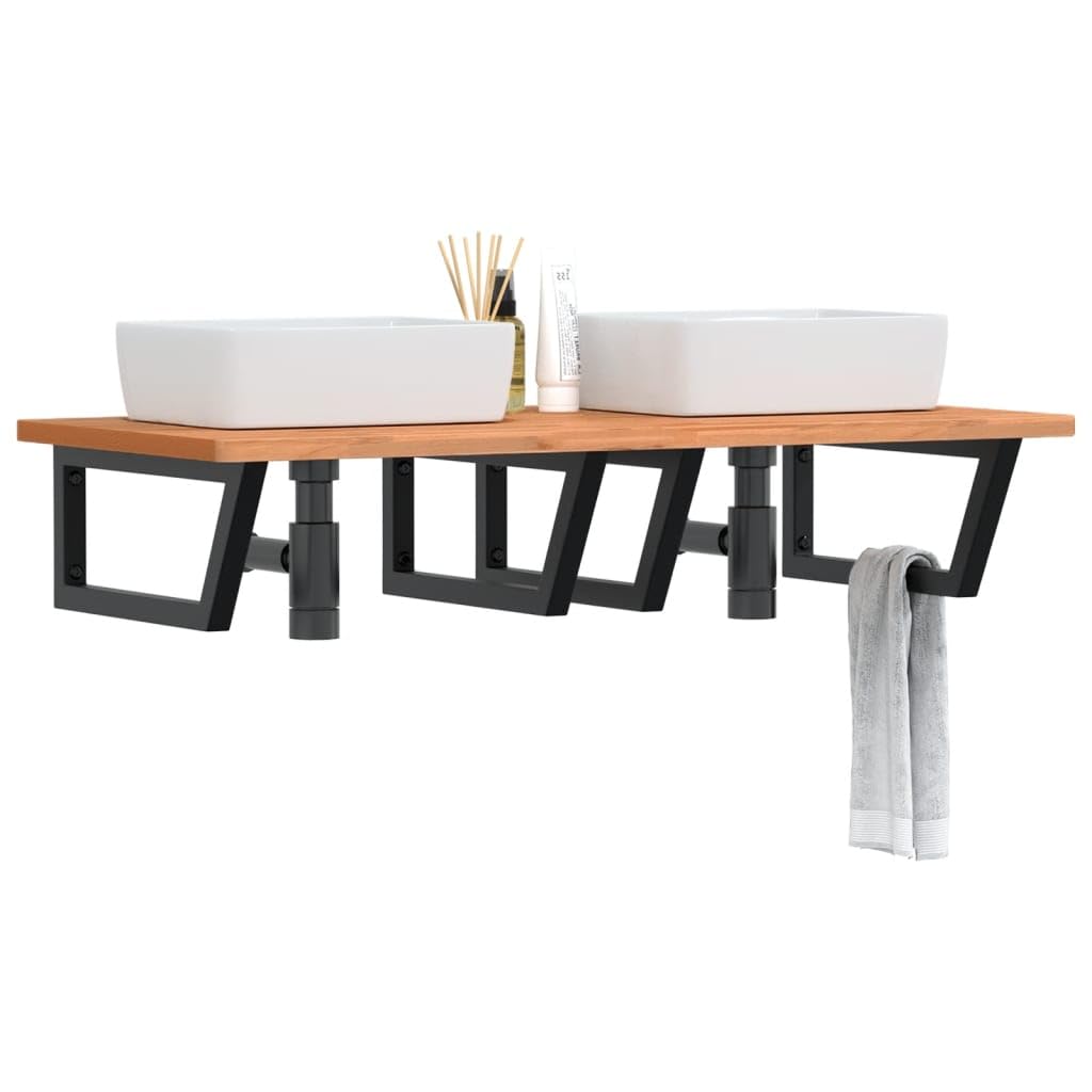 Mensola per lavabo a parete, 115 x 55 cm, in legno massello di faggio e acciaio, colore nero, design moderno, robusta e durevole, salvaspazio, per bagno, ospiti, WC