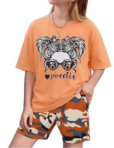 Image of mksodopy Girls Summer Clothse Graphic Print Front and Back High and Low Irregular T-shirt Cycling Shorts Set