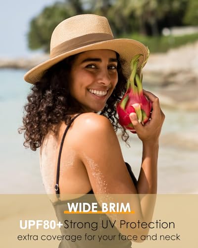 FURTALK Panama Hat Sun Hats for Women Men Wide Brim Fedora Straw Beach Hat UV UPF 80+ Brown