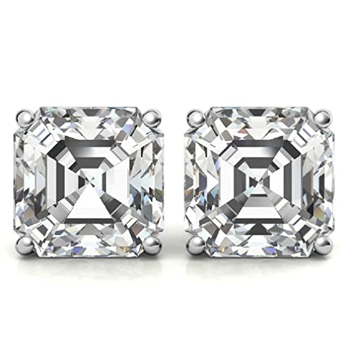 Handmade 10K 14K 18K Solid White Gold Earring, 4 Tcw Asscher Cut Moissanite Diamond Stud Earring, Solitaire Anniversary Earring For Women, Engagement/Birthday Gifts, Push/Screw Back #TOP30