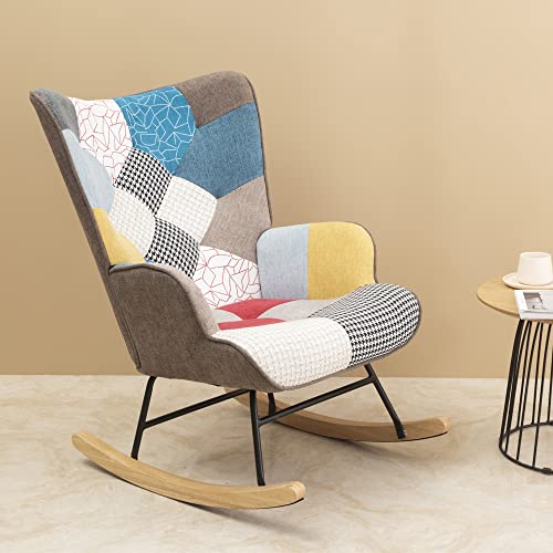Coolpeen Rocking Nursery Upholstered Rocker Glider Padded Seat With High Backrest Armchair Comfy Side Chair For Living Room Bedroom Offices Indoor And Outdoor-Patchwork #TOP16