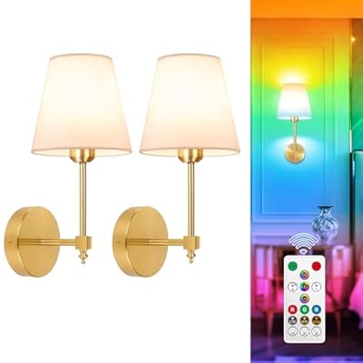 Adetu Battery Operated Wall Sconce Set of 2, 5CCT Gold Rechargeable Wall Lights with Remote, 10 RGB Colors Dimmable Wireless Battery Powered Wall Sconce Wall Lamp for Bedroom Living Room Wall Decor