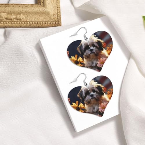 Shih Tzu Hunde- und Blumen-Leder-Ohrringe für Damen, Herz-Ohrringe, leicht, baumelnd, Schmuck, Geschenke