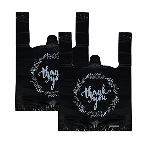 TOSPARTY 100PCS Black Thank You T-Shirt Bags Plastic Bulk Shopping Restaurant Bags 8.7 x 4.1 x 11.6