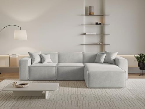 GRAINGOLD Arizona Ecksofa 265x180 cm, L-Form Sofa, Ecksofa für Wohnzimmer, Velour, 3-Sitzer Eckcouch, Modernes Design (Hellgrau, Rechts)