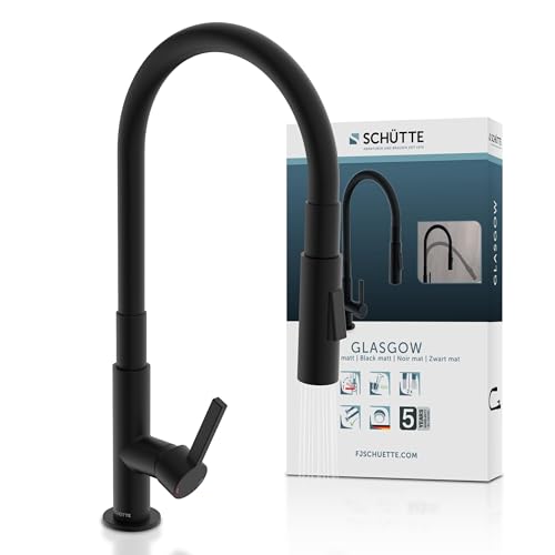SCHÜTTE GLASGOW Schwarz Flexible Spültischarmatur mit Eco-Click-Funktion, biegsamer Wasserhahn für die Küche schwarz, Auslauf mit Soft-Touch-Schlauch, 360 Grad schwenkbar, Wasserhahn Küche, 79586