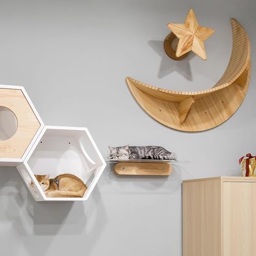 Estante de pared para gatos de madera con rascador estrella miniatura 6