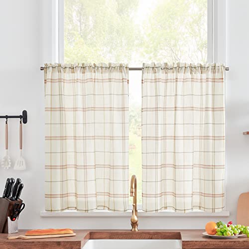 TOPICK Net Kitchen Curtains 36 Inch Drop Red Buffalo Plaid Voile Short Curtains Gingham Checkered Design Pinstripe Sheer Cafe Curtains Rustic Style for Small Window Basement Cupboard 2 Panels